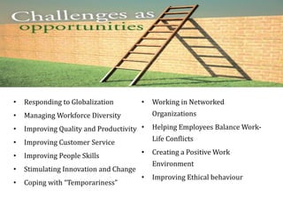 • Responding to Globalization
• Managing Workforce Diversity
• Improving Quality and Productivity
• Improving Customer Service
• Improving People Skills
• Stimulating Innovation and Change
• Coping with “Temporariness”
• Working in Networked
Organizations
• Helping Employees Balance Work-
Life Conflicts
• Creating a Positive Work
Environment
• Improving Ethical behaviour
 