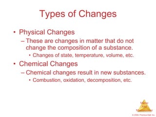 Types of Changes Physical Changes These are changes in matter that do not change the composition of a substance. Changes of state, temperature, volume, etc. Chemical Changes Chemical changes result in new substances. Combustion, oxidation, decomposition, etc. 