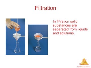 Filtration In filtration solid substances are separated from liquids and solutions. 
