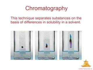 Chromatography This technique separates substances on the basis of differences in solubility in a solvent. 