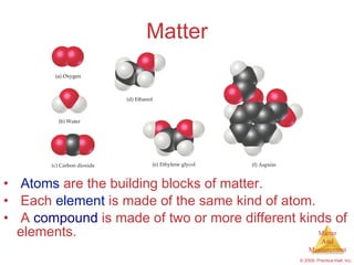Matter Atoms  are the building blocks of matter. Each  element  is made of the same kind of atom. A  compound  is made of two or more different kinds of elements. 
