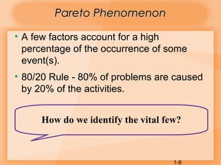 1-9
Pareto PhenomenonPareto Phenomenon
• A few factors account for a high
percentage of the occurrence of some
event(s).
• 80/20 Rule - 80% of problems are caused
by 20% of the activities.
How do we identify the vital few?
 