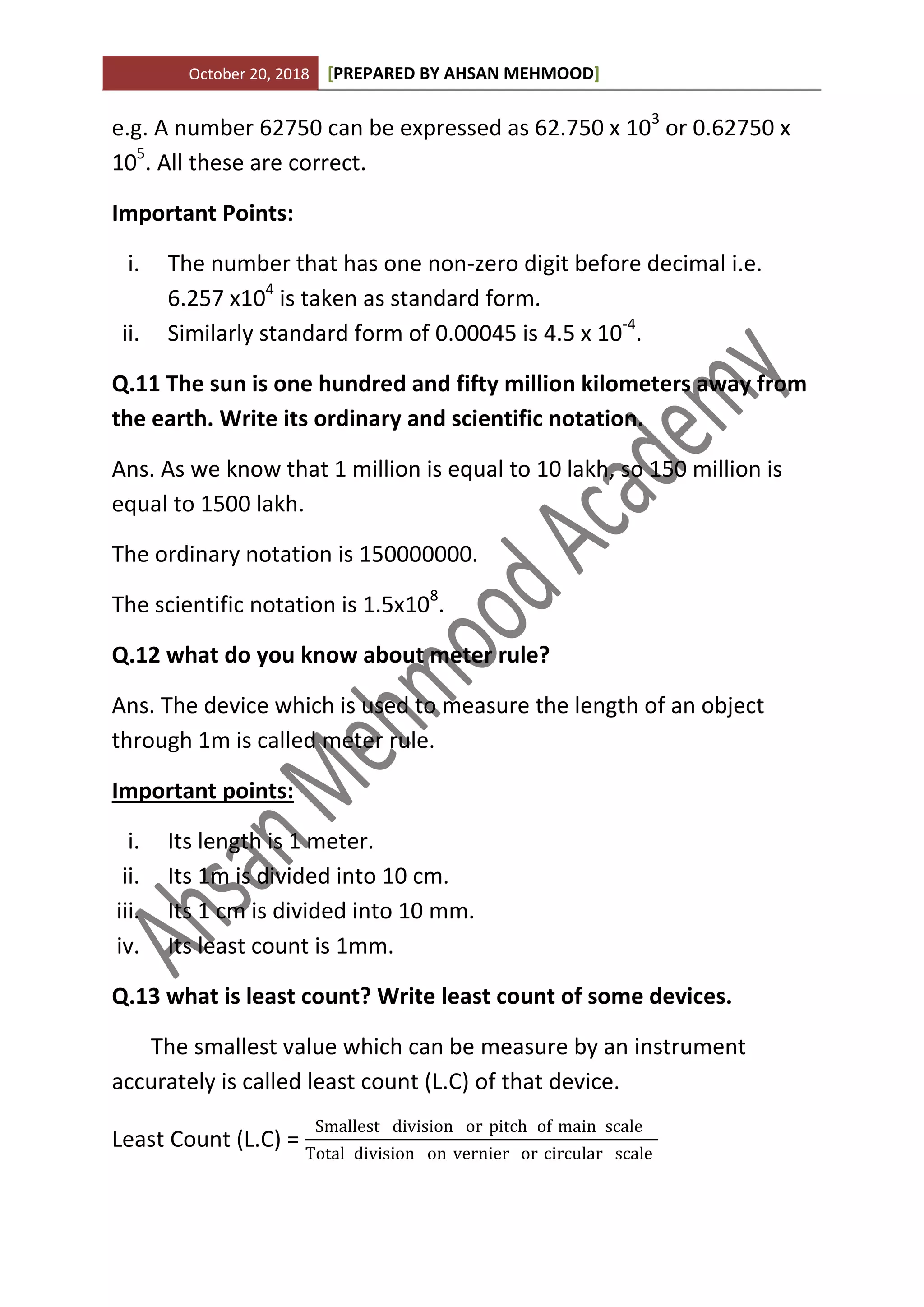 9th class Physics notes | Chapter no 01 by Ahsan Mehmood | PDF