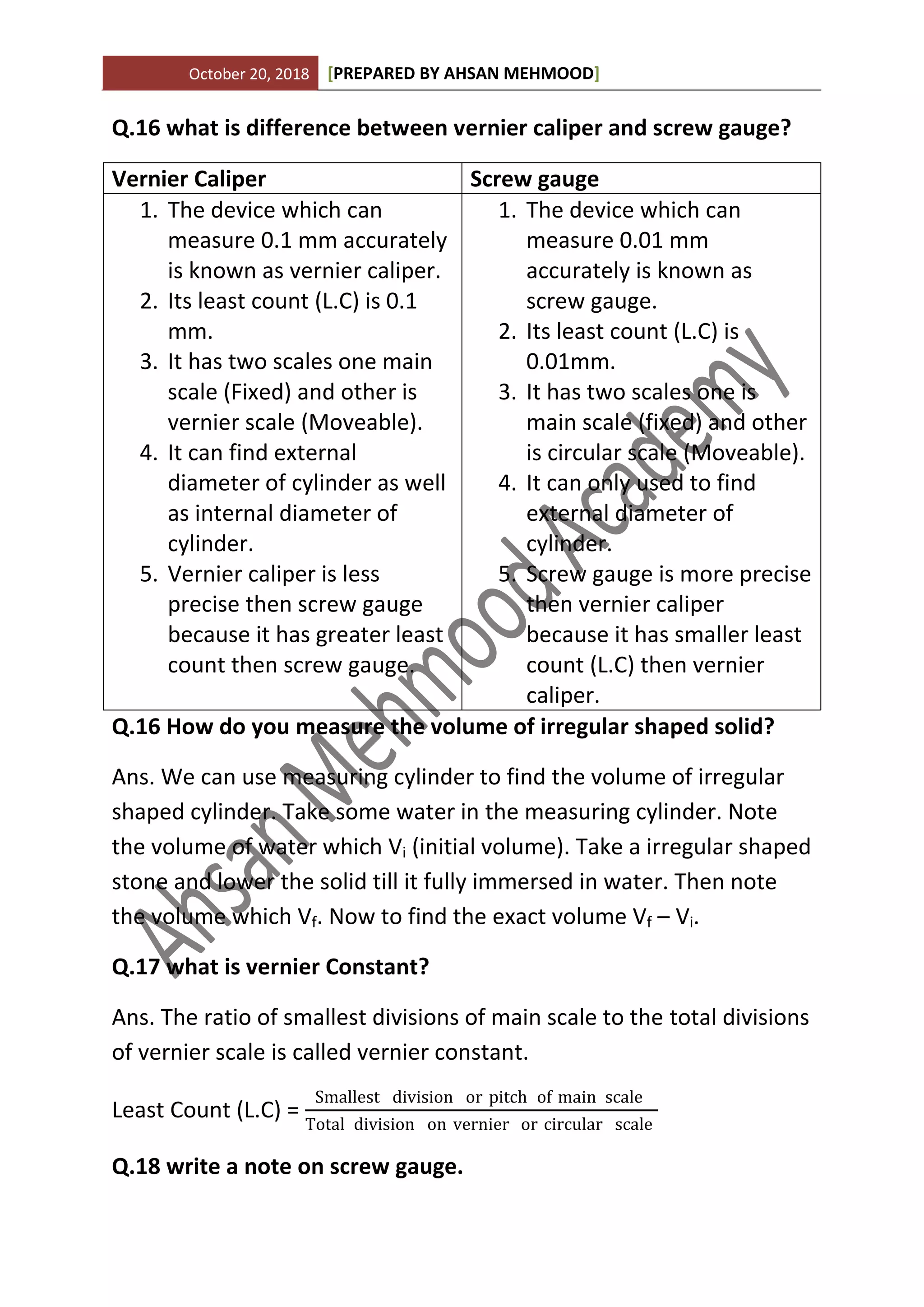 9th class Physics notes | Chapter no 01 by Ahsan Mehmood | PDF