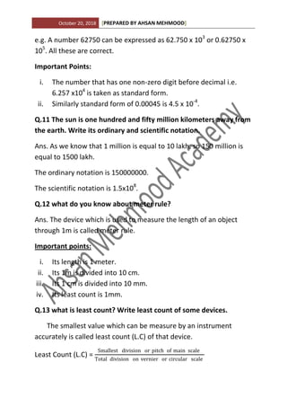 9th class Physics notes | Chapter no 01 by Ahsan Mehmood | PDF