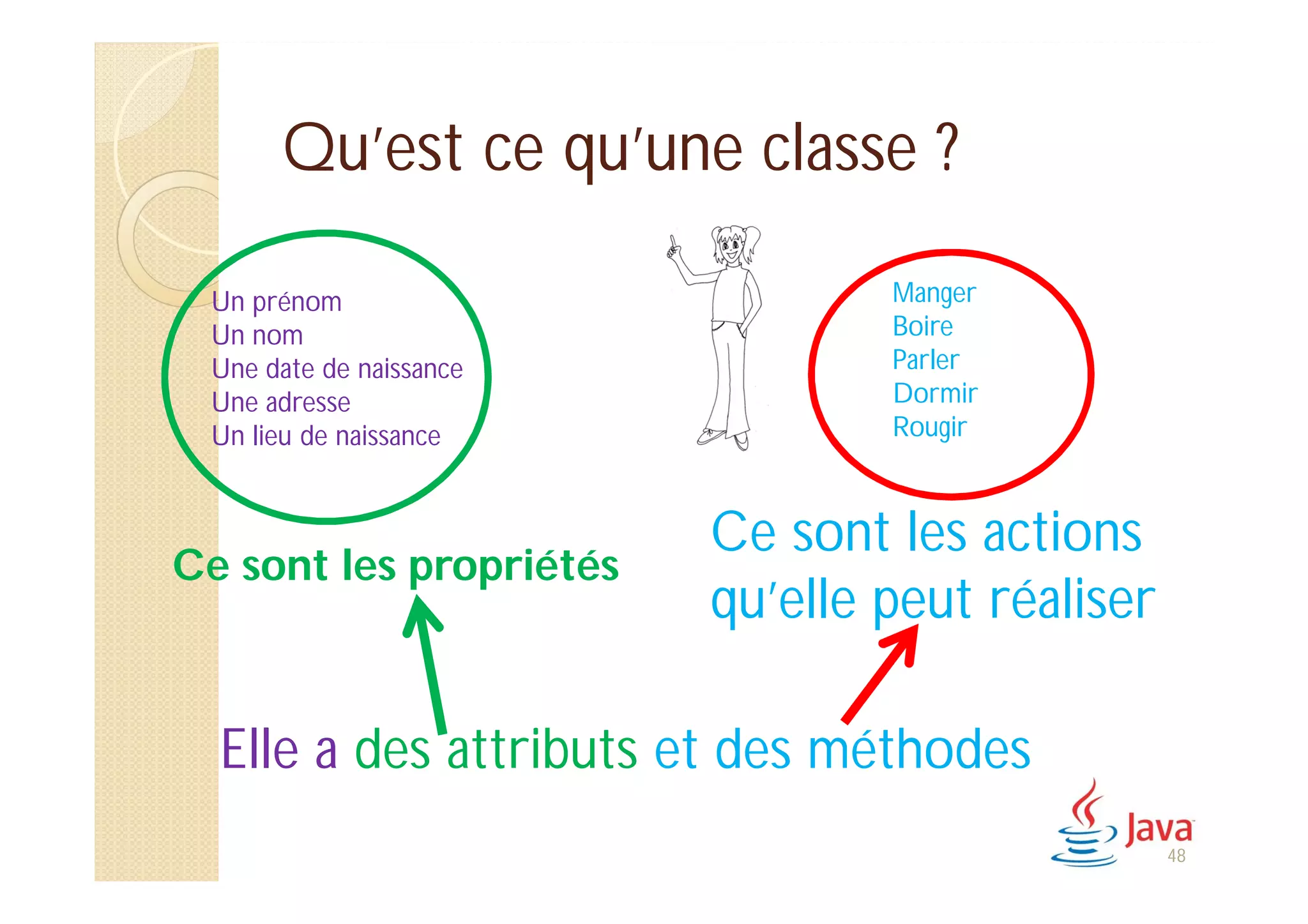 Qu’est ce qu’une classe ?
Elle a des attributs et des méthodes
Un prénom
Un nom
Une date de naissance
Une adresse
Un lieu de naissance
Ce sont les propriétés
48
Manger
Boire
Parler
Dormir
Rougir
Ce sont les actions
qu’elle peut réaliser
 