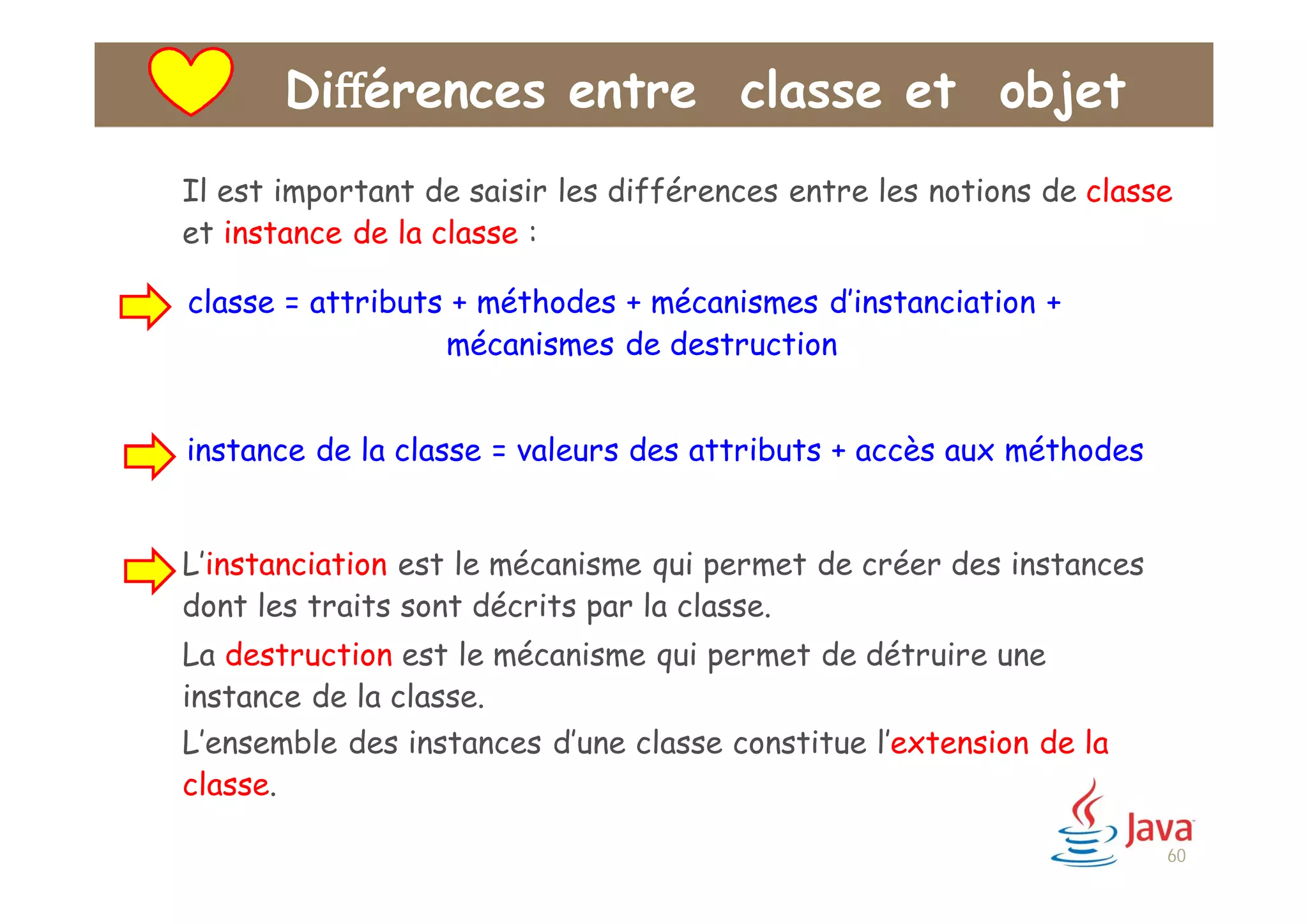 Diﬀérences entre classe et objet
Il est important de saisir les différences entre les notions de classe
et instance de la classe :
classe = attributs + méthodes + mécanismes d’instanciation +
mécanismes de destruction
instance de la classe = valeurs des attributs + accès aux méthodes
L’instanciation est le mécanisme qui permet de créer des instances
dont les traits sont décrits par la classe.
La destruction est le mécanisme qui permet de détruire une
instance de la classe.
L’ensemble des instances d’une classe constitue l’extension de la
classe.
60
 
