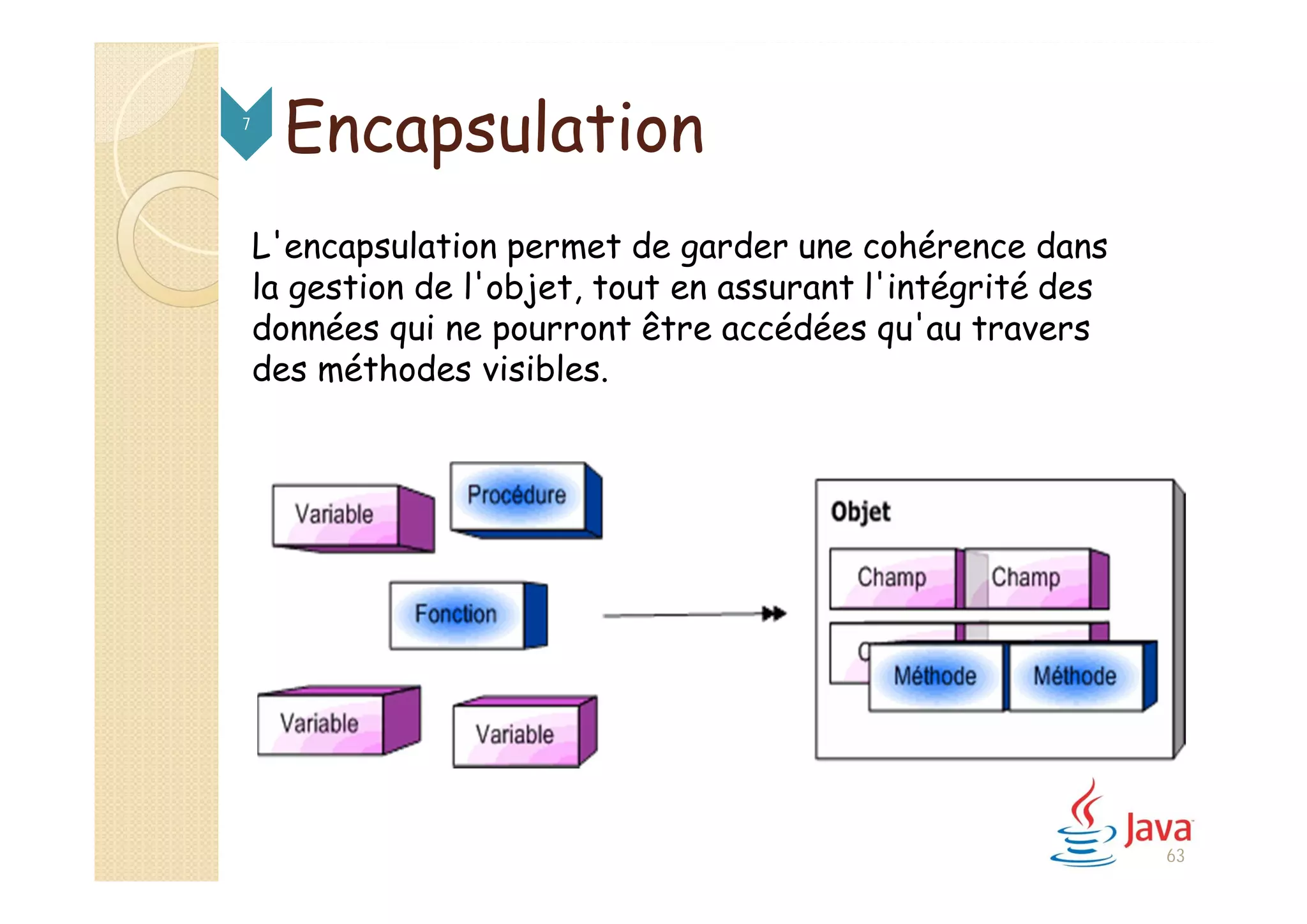 L'encapsulation permet de garder une cohérence dans
la gestion de l'objet, tout en assurant l'intégrité des
données qui ne pourront être accédées qu'au travers
des méthodes visibles.
Encapsulation7
63
 