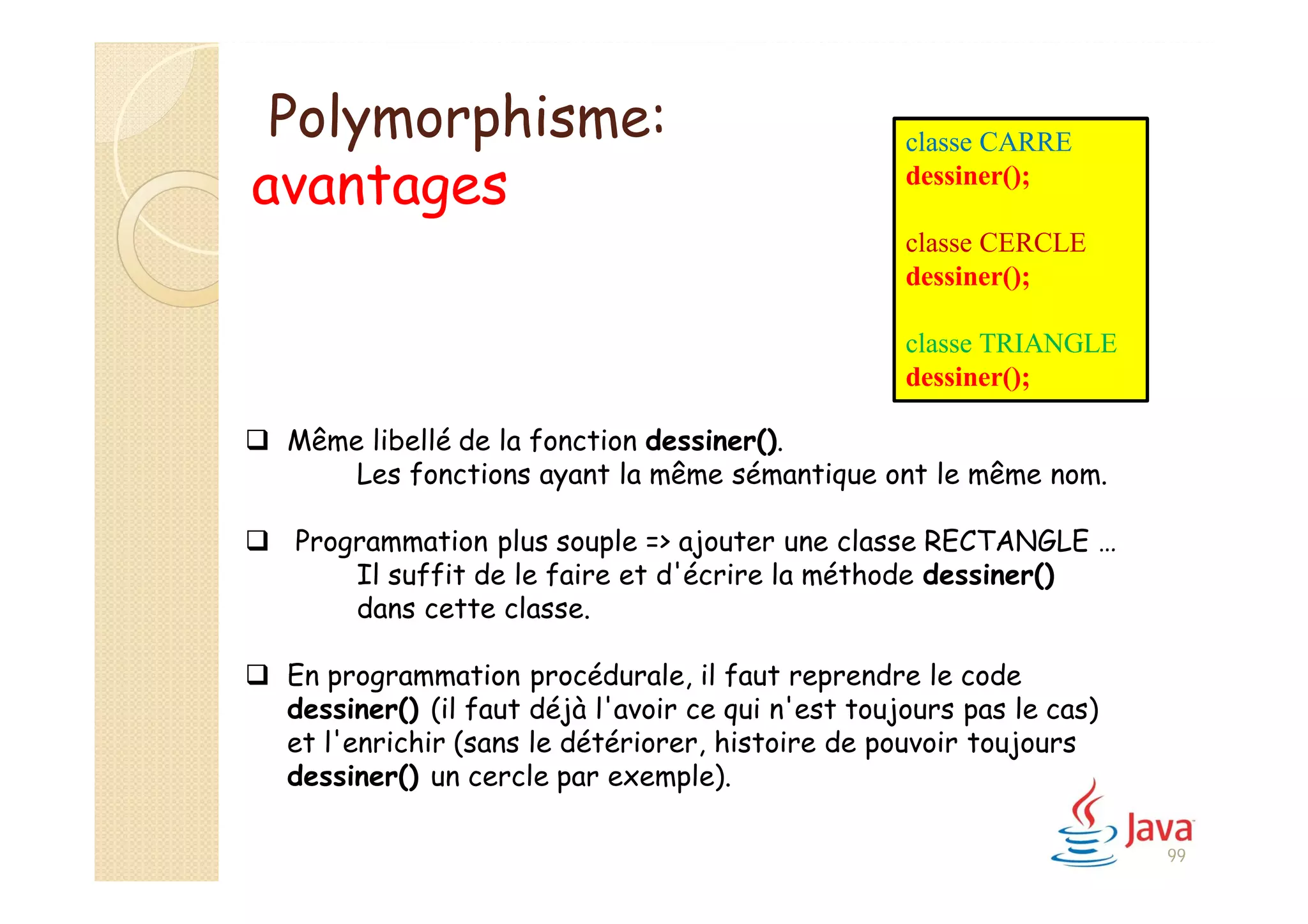  Même libellé de la fonction dessiner().
Les fonctions ayant la même sémantique ont le même nom.
 Programmation plus souple => ajouter une classe RECTANGLE …
Il suffit de le faire et d'écrire la méthode dessiner()
dans cette classe.
 En programmation procédurale, il faut reprendre le code
dessiner() (il faut déjà l'avoir ce qui n'est toujours pas le cas)
et l'enrichir (sans le détériorer, histoire de pouvoir toujours
dessiner() un cercle par exemple).
Polymorphisme:
avantages
classe CARRE
dessiner();
classe CERCLE
dessiner();
classe TRIANGLE
dessiner();
99
 