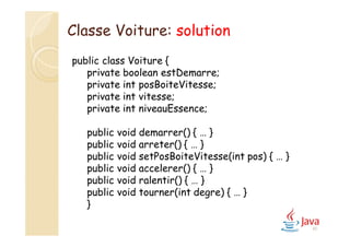 45
public class Voiture {
private boolean estDemarre;
private int posBoiteVitesse;
private int vitesse;
private int niveauEssence;
public void demarrer() { … }
public void arreter() { … }
public void setPosBoiteVitesse(int pos) { … }
public void accelerer() { … }
public void ralentir() { … }
public void tourner(int degre) { … }
}
Classe Voiture: solution
 
