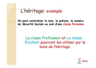 L’héritage: exemple
La classe Professeur et La classe
Etudiant pourront les utiliser par le
biais de l’héritage.
On peut centraliser le nom, le prénom, le numéro
de Sécurité Sociale au sein d’une classe Personne.
77
 