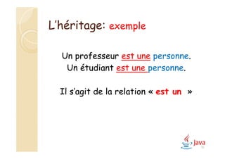 L’héritage: exemple
Un professeur est une personne.
Un étudiant est une personne.
Il s’agit de la relation « est un »
78
 