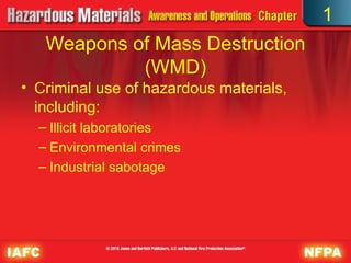 Weapons of Mass Destruction
(WMD)
• Criminal use of hazardous materials,
including:
– Illicit laboratories
– Environmental crimes
– Industrial sabotage
1
 