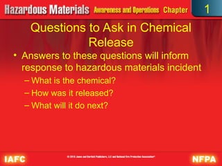Questions to Ask in Chemical
Release
• Answers to these questions will inform
response to hazardous materials incident
– What is the chemical?
– How was it released?
– What will it do next?
1
 