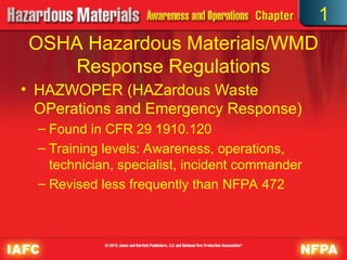 OSHA Hazardous Materials/WMD
Response Regulations
• HAZWOPER (HAZardous Waste
OPerations and Emergency Response)
– Found in CFR 29 1910.120
– Training levels: Awareness, operations,
technician, specialist, incident commander
– Revised less frequently than NFPA 472
1
 