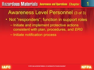 • Not “responders”; function in support roles
– Initiate and implement protective actions
consistent with plan, procedures, and ERG
– Initiate notification process
Awareness Level Personnel (3 of 3)
1
 