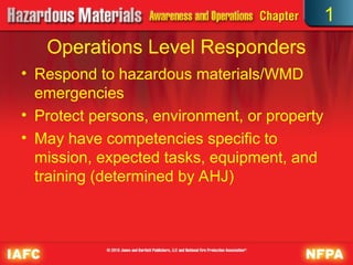 Operations Level Responders
• Respond to hazardous materials/WMD
emergencies
• Protect persons, environment, or property
• May have competencies specific to
mission, expected tasks, equipment, and
training (determined by AHJ)
1
 