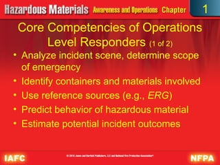 Core Competencies of Operations
Level Responders (1 of 2)
• Analyze incident scene, determine scope
of emergency
• Identify containers and materials involved
• Use reference sources (e.g., ERG)
• Predict behavior of hazardous material
• Estimate potential incident outcomes
1
 