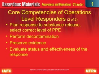 • Plan response to substance release,
select correct level of PPE
• Perform decontamination
• Preserve evidence
• Evaluate status and effectiveness of the
response
Core Competencies of Operations
Level Responders (2 of 2)
1
 