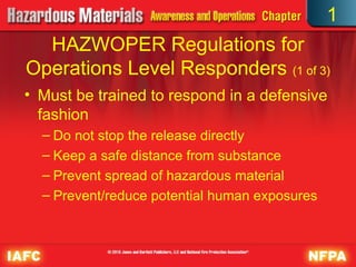 HAZWOPER Regulations for
Operations Level Responders (1 of 3)
• Must be trained to respond in a defensive
fashion
– Do not stop the release directly
– Keep a safe distance from substance
– Prevent spread of hazardous material
– Prevent/reduce potential human exposures
1
 