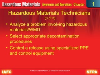 Hazardous Materials Technicians
(3 of 3)
• Analyze a problem involving hazardous
materials/WMD
• Select appropriate decontamination
procedures
• Control a release using specialized PPE
and control equipment
1
 