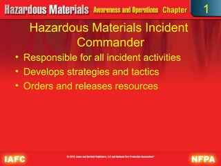 Hazardous Materials Incident
Commander
• Responsible for all incident activities
• Develops strategies and tactics
• Orders and releases resources
1
 