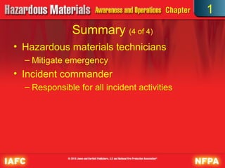 • Hazardous materials technicians
– Mitigate emergency
• Incident commander
– Responsible for all incident activities
Summary (4 of 4)
1
 