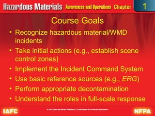 Course Goals
• Recognize hazardous material/WMD
incidents
• Take initial actions (e.g., establish scene
control zones)
• Implement the Incident Command System
• Use basic reference sources (e.g., ERG)
• Perform appropriate decontamination
• Understand the roles in full-scale response
1
 