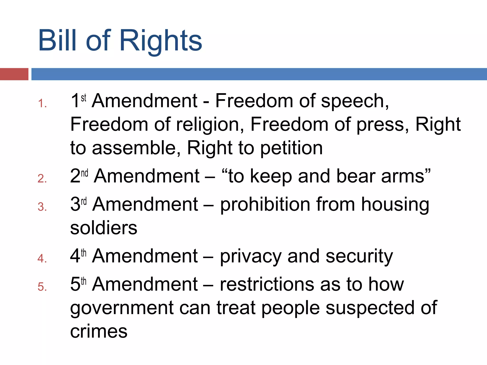 Bill of Rights
1.

2.
3.

4.
5.

1st Amendment - Freedom of speech,
Freedom of religion, Freedom of press, Right
to assemble, Right to petition
2nd Amendment – “to keep and bear arms”
3rd Amendment – prohibition from housing
soldiers
4th Amendment – privacy and security
5th Amendment – restrictions as to how
government can treat people suspected of
crimes

 