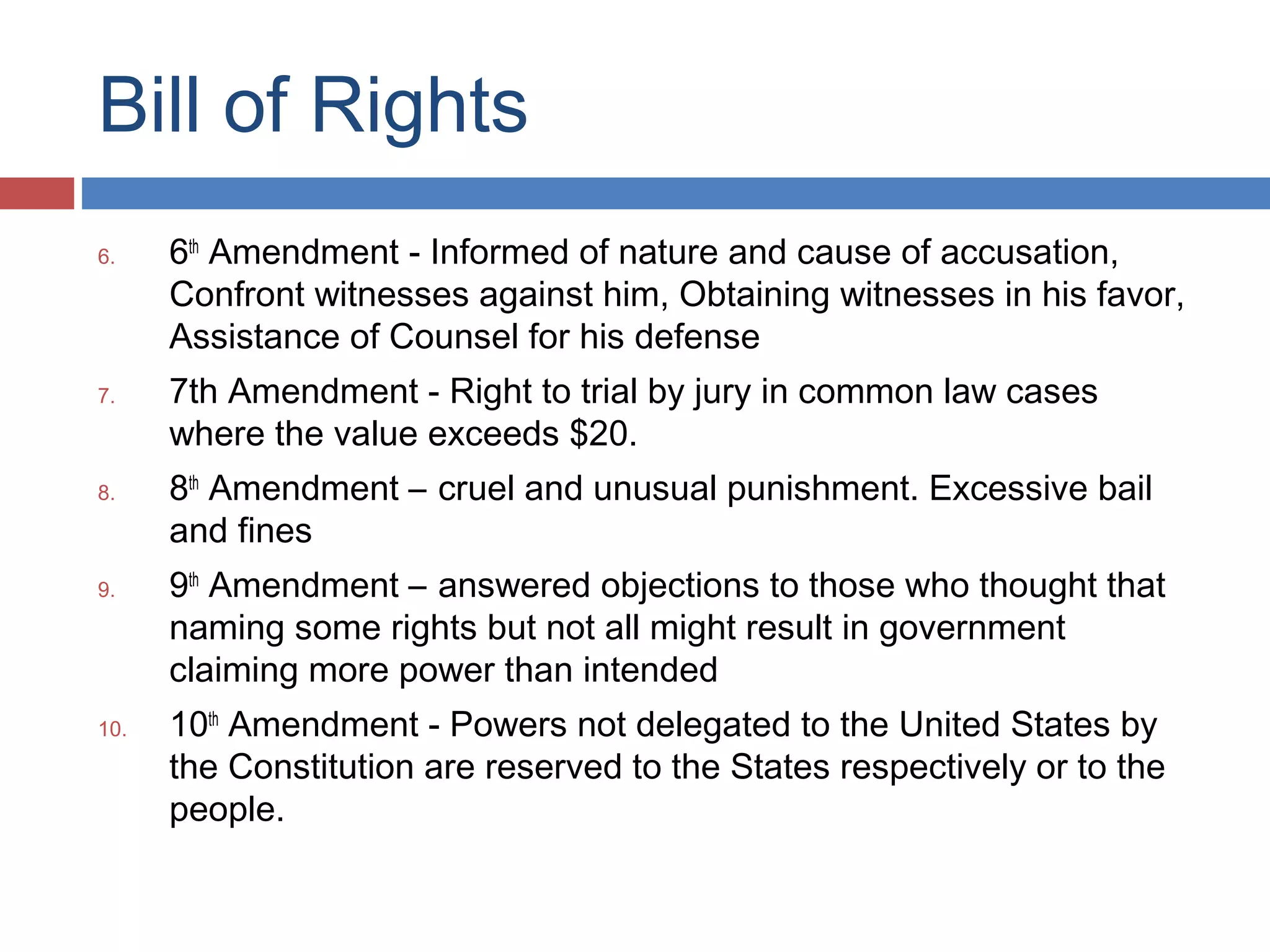 Bill of Rights
6.

7.

8.

9.

10.

6th Amendment - Informed of nature and cause of accusation,
Confront witnesses against him, Obtaining witnesses in his favor,
Assistance of Counsel for his defense
7th Amendment - Right to trial by jury in common law cases
where the value exceeds $20.
8th Amendment – cruel and unusual punishment. Excessive bail
and fines
9th Amendment – answered objections to those who thought that
naming some rights but not all might result in government
claiming more power than intended
10th Amendment - Powers not delegated to the United States by
the Constitution are reserved to the States respectively or to the
people.

 
