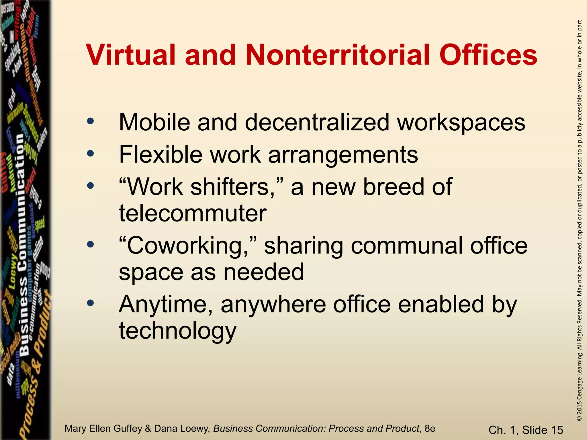 ©2015CengageLearning.AllRightsReserved.Maynotbescanned,copiedorduplicated,orpostedtoapubliclyaccessiblewebsite,inwholeorinpart.
Mary Ellen Guffey & Dana Loewy, Business Communication: Process and Product, 8e
Virtual and Nonterritorial Offices
Ch. 1, Slide 15
• Mobile and decentralized workspaces
• Flexible work arrangements
• “Work shifters,” a new breed of
telecommuter
• “Coworking,” sharing communal office
space as needed
• Anytime, anywhere office enabled by
technology
 
