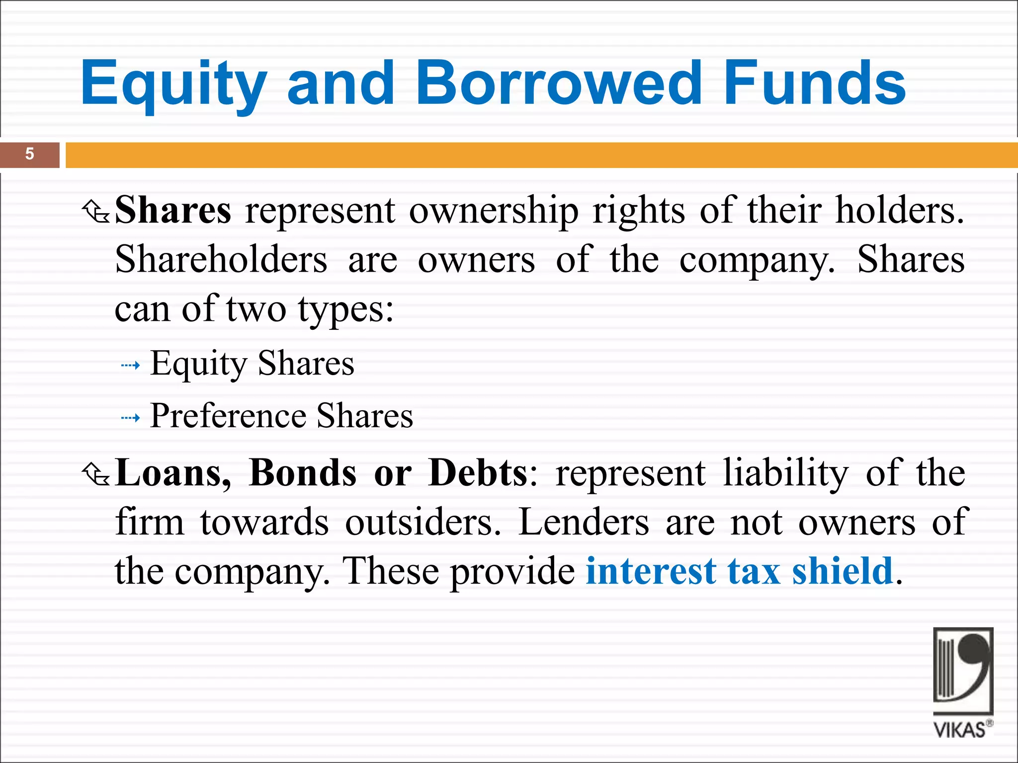 Equity and Borrowed Funds
5
Shares represent ownership rights of their holders.
Shareholders are owners of the company. Shares
can of two types:
 Equity Shares
 Preference Shares
Loans, Bonds or Debts: represent liability of the
firm towards outsiders. Lenders are not owners of
the company. These provide interest tax shield.
 
