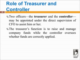 Role of Treasurer and
Controller
28
Two officers—the treasurer and the controller—
may be appointed under the direct supervision of
CFO to assist him or her.
The treasurer’s function is to raise and manage
company funds while the controller oversees
whether funds are correctly applied.
 