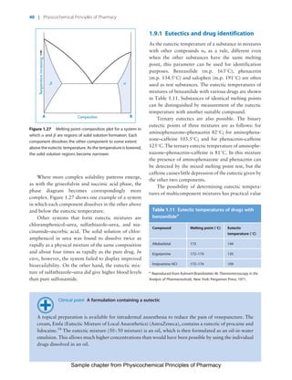 Physicochemical Principles of Pharmacy
Chapter No. 1 Dated: 26/7/2011 At Time: 10:20:19
Where more complex solubility patterns emerge,
as with the griseofulvin and succinic acid phase, the
phase diagram becomes correspondingly more
complex. Figure 1.27 shows one example of a system
in which each component dissolves in the other above
and below the eutectic temperature.
Other systems that form eutectic mixtures are
chloramphenicol–urea, sulfathiazole–urea, and nia-
cinamide–ascorbic acid. The solid solution of chlor-
amphenicol in urea was found to dissolve twice as
rapidly as a physical mixture of the same composition
and about four times as rapidly as the pure drug. In
vivo, however, the system failed to display improved
bioavailability. On the other hand, the eutectic mix-
ture of sulfathiazole–urea did give higher blood levels
than pure sulfonamide.
1.9.1 Eutectics and drug identification
As the eutectic temperature of a substance in mixtures
with other compounds is, as a rule, different even
when the other substances have the same melting
point, this parameter can be used for identification
purposes. Benzanilide (m.p. 163
C), phenacetin
(m.p. 134.5
C) and salophen (m.p. 191
C) are often
used as test substances. The eutectic temperatures of
mixtures of benzanilide with various drugs are shown
in Table 1.11. Substances of identical melting points
can be distinguished by measurement of the eutectic
temperature with another suitable compound.
Ternary eutectics are also possible. The binary
eutectic points of three mixtures are as follows: for
aminophenazone–phenacetin 82
C; for aminophena-
zone–caffeine 103.5
C; and for phenacetin–caffeine
125
C. The ternary eutectic temperature of aminophe-
nazone–phenacetin–caffeine is 81
C. In this mixture
the presence of aminophenazone and phenacetin can
be detected by the mixed melting point test, but the
caffeine causes little depression of the eutectic given by
the other two components.
The possibility of determining eutectic tempera-
tures of multicomponent mixtures has practical value
BA Composition
αβ
Temperatureincreasing
Figure 1.27 Melting point–composition plot for a system in
which a and b are regions of solid solution formation. Each
component dissolves the other component to some extent
above the eutectic temperature. As the temperature is lowered,
the solid solution regions become narrower.
Table 1.11 Eutectic temperatures of drugs with
benzanilidea
Compound Melting point (
C) Eutectic
temperature (
C)
Allobarbital 173 144
Ergotamine 172–174 135
Imipramine HCl 172–174 109
a
Reproduced from Kuhnert-Brandstatter M, Thermomicroscopy in the
Analysis of Pharmaceuticals, New York: Pergamon Press; 1971.
Clinical point A formulation containing a eutectic
A topical preparation is available for intradermal anaesthesia to reduce the pain of venepuncture. The
cream, Emla (Eutectic Mixture of Local Anaesthetics) (AstraZeneca), contains a eutectic of procaine and
lidocaine.18
The eutectic mixture (50 : 50 mixture) is an oil, which is then formulated as an oil-in-water
emulsion. This allows much higher concentrations than would have been possible by using the individual
drugs dissolved in an oil.
40 | Physicochemical Principles of Pharmacy
Sample chapter from Physicochemical Principles of Pharmacy
 