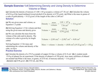 (a)  Calculate the density of mercury if 1.00    10 2  g occupies a volume of 7.36 cm 3 .  (b)  Calculate the volume of 65.0 g of the liquid methanol (wood alcohol) if its density is 0.791 g/mL.  (c)  What is the mass in grams of a cube of gold (density = 19.32 g/cm 3 ) if the length of the cube is 2.00 cm? Sample Exercise 1.4  Determining Density and Using Density to Determine Volume or Mass (a)  Calculate the density of a 374.5-g sample of copper if it has a volume of 41.8 cm 3 .  (b)  A student needs 15.0 g of ethanol for an experiment. If the density of ethanol is 0.789 g/mL, how many milliliters of ethanol are needed?  (c)  What is the mass, in grams, of 25.0 mL of mercury (density = 13.6 g/mL)? Answers:   (a)  8.96 g/cm 3 ,  (b)  19.0 mL,  (c)  340 g Practice Exercise Solution (a)  We are given mass and volume, so Equation 1.3 yields  (b)  Solving Equation 1.3 for volume and then using the given mass and density gives  (c)  We can calculate the mass from the volume of the cube and its density. The volume of a cube is given by its length cubed:  Solving Equation 1.3 for mass and substituting the volume and density of the cube, we have  