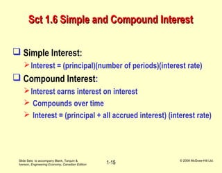 Slide Sets to accompany Blank, Tarquin &
Iverson, Engineering Economy, Canadian Edition
© 2008 McGraw-Hill Ltd.
1-15
Sct 1.6 Simple and Compound InterestSct 1.6 Simple and Compound Interest
 Simple Interest:
Interest = (principal)(number of periods)(interest rate)
 Compound Interest:
Interest earns interest on interest
 Compounds over time
 Interest = (principal + all accrued interest) (interest rate)
 
