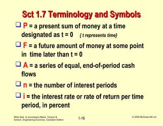Slide Sets to accompany Blank, Tarquin &
Iverson, Engineering Economy, Canadian Edition
© 2008 McGraw-Hill Ltd.
1-16
Sct 1.7 Terminology and SymbolsSct 1.7 Terminology and Symbols
 P = a present sum of money at a time
designated as t = 0 { t represents time}
 F = a future amount of money at some point
in time later than t = 0
 A = a series of equal, end-of-period cash
flows
 n = the number of interest periods
 i = the interest rate or rate of return per time
period, in percent
 