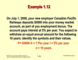 Slide Sets to accompany Blank, Tarquin &
Iverson, Engineering Economy, Canadian Edition
© 2008 McGraw-Hill Ltd.
1-18
Example 1.12Example 1.12
On July 1, 2008, your new employer Canadian Pacific
Railways deposits $5000 into your money market
account, as part of you employment bonus. The
account pays interest at 5% per year. You expect to
withdraw an equal annual amount for the following
10 years. Identify the symbols and their values.
P= $5000 A = ? Per year i = 5% per year
n = 10 years
 