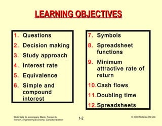 Slide Sets to accompany Blank, Tarquin &
Iverson, Engineering Economy, Canadian Edition
© 2008 McGraw-Hill Ltd.
1-2
LEARNING OBJECTIVESLEARNING OBJECTIVES
1. Questions
2. Decision making
3. Study approach
4. Interest rate
5. Equivalence
6. Simple and
compound
interest
7. Symbols
8. Spreadsheet
functions
9. Minimum
attractive rate of
return
10.Cash flows
11.Doubling time
12.Spreadsheets
 
