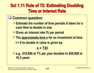 Slide Sets to accompany Blank, Tarquin &
Iverson, Engineering Economy, Canadian Edition
© 2008 McGraw-Hill Ltd.
1-26
Sct 1.11 Rule of 72: Estimating DoublingSct 1.11 Rule of 72: Estimating Doubling
Time or Interest RateTime or Interest Rate
 Common question:
Estimate the number of time periods it takes for a
cash flow to double in size
Given an interest rate i% per period
The approximate time n for an investment at time
t = 0 to double in value is given by:
n = 72/i
e.g., $10,000 at 7% per year doubles to $20,000 in
10.3 years
 
