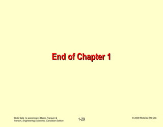 Slide Sets to accompany Blank, Tarquin &
Iverson, Engineering Economy, Canadian Edition
© 2008 McGraw-Hill Ltd.
1-29
End of Chapter 1End of Chapter 1
 