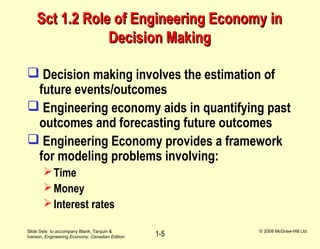 Slide Sets to accompany Blank, Tarquin &
Iverson, Engineering Economy, Canadian Edition
© 2008 McGraw-Hill Ltd.
1-5
Sct 1.2 Role of Engineering Economy inSct 1.2 Role of Engineering Economy in
Decision MakingDecision Making
 Decision making involves the estimation of
future events/outcomes
 Engineering economy aids in quantifying past
outcomes and forecasting future outcomes
 Engineering Economy provides a framework
for modeling problems involving:
Time
Money
Interest rates
 