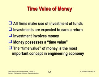 Slide Sets to accompany Blank, Tarquin &
Iverson, Engineering Economy, Canadian Edition
© 2008 McGraw-Hill Ltd.
1-7
Time Value of MoneyTime Value of Money
 All firms make use of investment of funds
 Investments are expected to earn a return
 Investment involves money
 Money possesses a “time value”
 The “time value” of money is the most
important concept in engineering economy
 