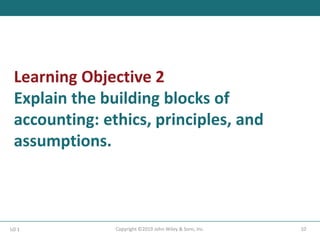 Learning Objective 2
Explain the building blocks of
accounting: ethics, principles, and
assumptions.
10
Copyright ©2019 John Wiley & Sons, Inc.
LO 1
 