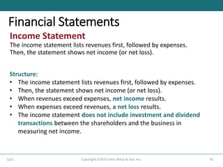 Income Statement
The income statement lists revenues first, followed by expenses.
Then, the statement shows net income (or net loss).
42
Copyright ©2019 John Wiley & Son, Inc.
LO 5
Financial Statements
Structure:
• The income statement lists revenues first, followed by expenses.
• Then, the statement shows net income (or net loss).
• When revenues exceed expenses, net income results.
• When expenses exceed revenues, a net loss results.
• The income statement does not include investment and dividend
transactions between the shareholders and the business in
measuring net income.
 