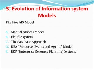 3. Evolution of Information system
Models
The Five AIS Model
A. Manual process Model
B. Flat file system
C. The data base Approach
D. REA “Resource, Events and Agents” Model
E. ERP “Enterprise Resource Planning” Systems
 