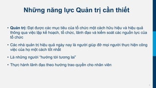 5
Những năng lực Quản trị cần thiết
• Quản trị: Đạt được các mục tiêu của tổ chức một cách hữu hiệu và hiệu quả
thông qua việc lập kế hoạch, tổ chức, lãnh đạo và kiểm soát các nguồn lực của
tổ chức
• Các nhà quản trị hiệu quả ngày nay là người giúp đỡ mọi người thực hiện công
việc của họ một cách tốt nhất
• Là những người “hướng tới tương lai”
• Thực hành lãnh đạo theo hướng trao quyền cho nhân viên
 
