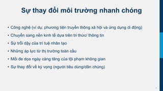 6
Sự thay đổi môi trường nhanh chóng
• Công nghệ (ví dụ: phương tiện truyền thông xã hội và ứng dụng di động)
• Chuyển sang nền kinh tế dựa trên tri thức/ thông tin
• Sự trỗi dậy của trí tuệ nhân tạo
• Những áp lực từ thị trường toàn cầu
• Mối đe dọa ngày càng tăng của tội phạm không gian
• Sự thay đổi về kỳ vọng (người tiêu dùng/dân chúng)
 