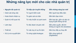 7
Những năng lực mới cho các nhà quản trị
• Nguyên tắc quản trị Từ tiếp cận truyền thống Đến những năng lực mới
• Giám sát công việc Từ người kiểm soát Đến người tạo điều kiện
• Hoàn thành nhiệm vụ Từ giám sát cá nhân Đến lãnh đạo nhóm
• Quản trị mối quan hệ Từ mâu thuẫn và cạnh tranh Đến hợp tác, gồm cả việc sử
dụng truyền thông xã hội
• Lãnh đạo Từ độc đoán/ chuyên chế Đến phân quyền, đôi khi
không có người chủ (bossless)
• Thiết kế Từ việc duy trì sự ổn định Đến thúc đẩy sự thay đổi
• Xử lý và ra quyết định Từ công nghệ Analogue Đến công nghệ số
(Digitalised)
 