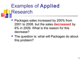 8 
Examples of Applied 
Research 
 Packages sales increased by 200% from 
2001 to 2008. but the sales decreased by 
6% in 2009. What is the reason for this 
decrease? 
 The question is: what will Packages do about 
this problem? 
 